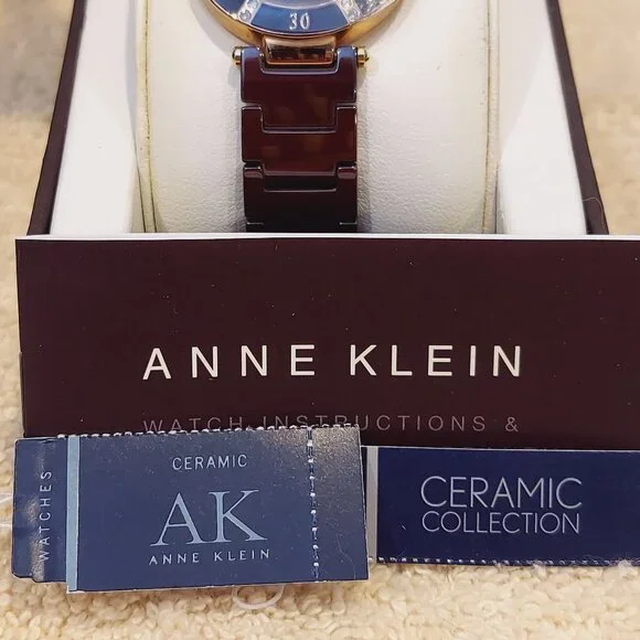 NIB ANNE KLEIN ROSE GOLD TONE BROWN CERAMIC WATCH WITH 